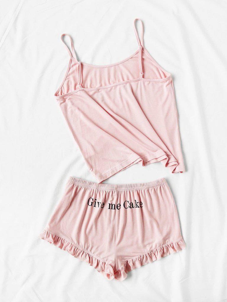Letter Print Cami And Ruffle Shorts Pajama Set-loungewear-Des Mess