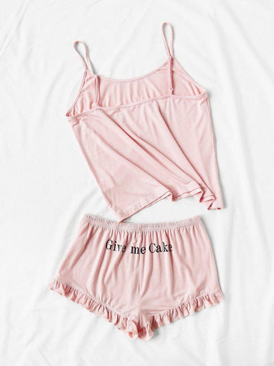Letter Print Cami And Ruffle Shorts Pajama Set-loungewear-Des Mess