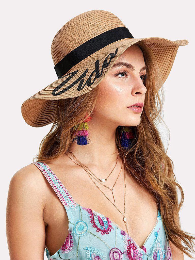 Letter Print Wide Brim Straw Hat-accessories-Des Mess
