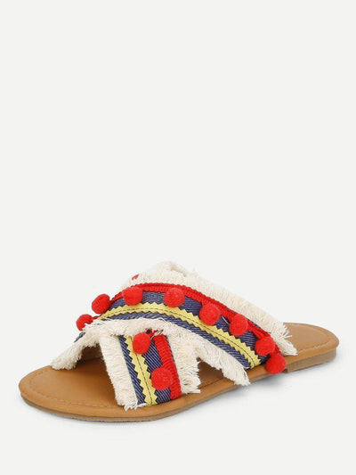 Criss Cross Flat Sandals With Pom Pom-shoes-Des Mess