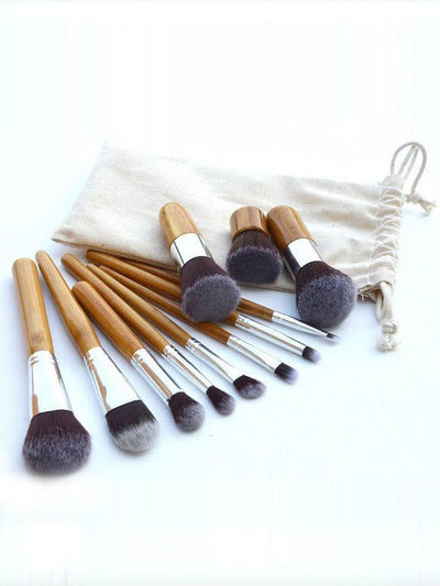11 Pcs Bamboo Makeup Foundation Fiber Liner Eyeshadow Cosmetic Brush Set Bag Kit--Des Mess