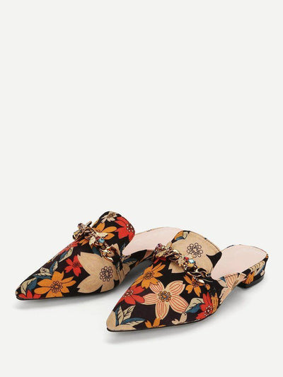 Bee Detail Calico Print Pointed Toe Flats-shoes-Des Mess