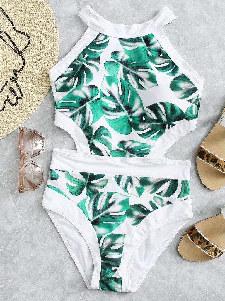 Palm Print Cutout Swimsuit-swimwear-Des Mess