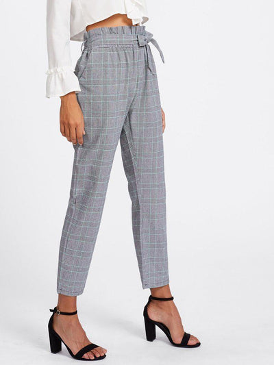 Tie Waist Glen Plaid Frill Pants-bottom-Des Mess