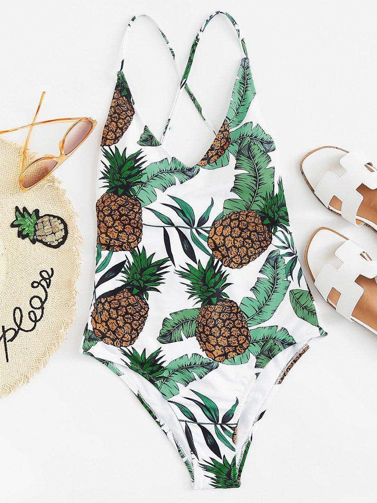 Cross Back Pineapple Print Swimsuit-swimwear-Des Mess