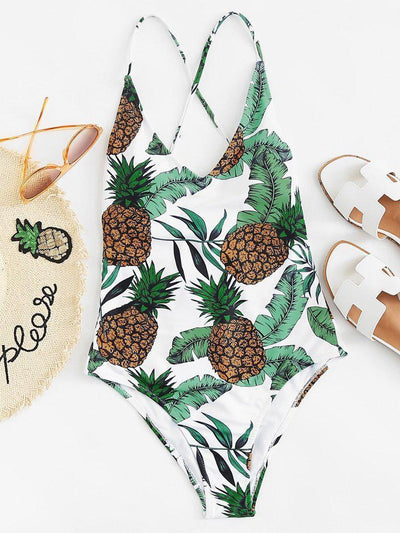 Cross Back Pineapple Print Swimsuit-swimwear-Des Mess