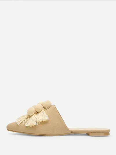 Pom Pom & Tassel Front Flat Mules-shoes-Des Mess