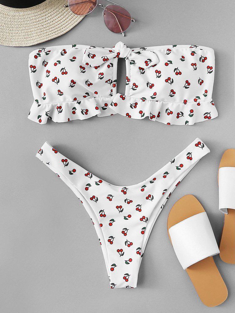 Cherry Print Knot Front Ruffle Bandeau Bikini Set-swimwear-Des Mess