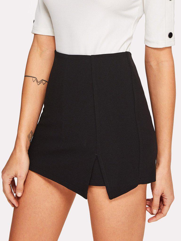 Split Front Solid Skirt Shorts-bottom-Des Mess