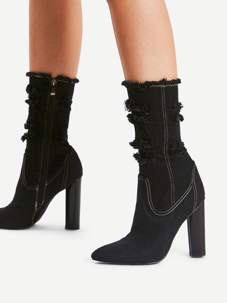 Distressed Top Denim Ankle Boots-shoes-Des Mess