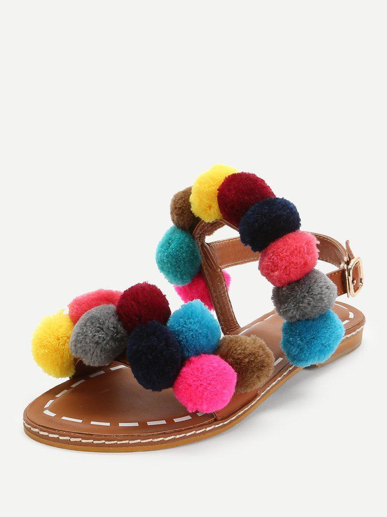 Ankle Strap Slide Sandals With Pom Pom-shoes-Des Mess