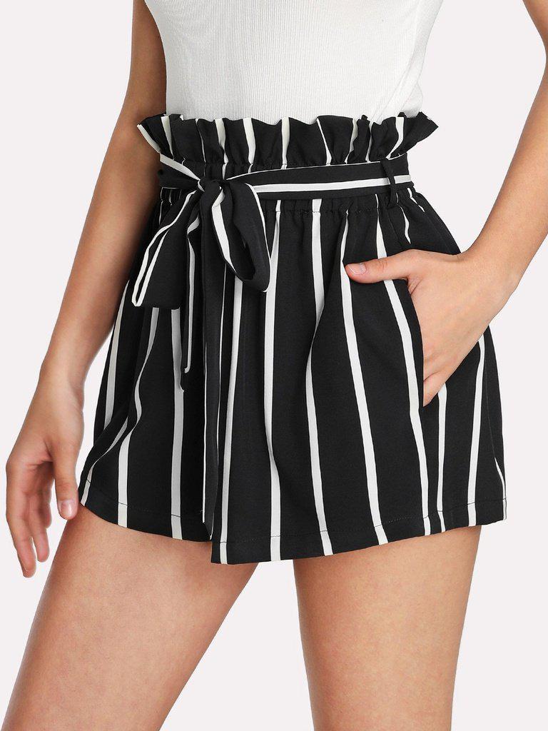 Self Tie Waist Frill Trim Striped Shorts-bottom-Des Mess