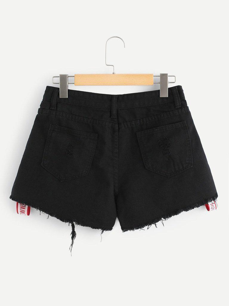 Letter Print Raw Hem Ripped Denim Shorts-bottom-Des Mess