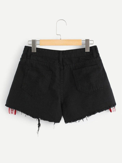 Letter Print Raw Hem Ripped Denim Shorts-bottom-Des Mess
