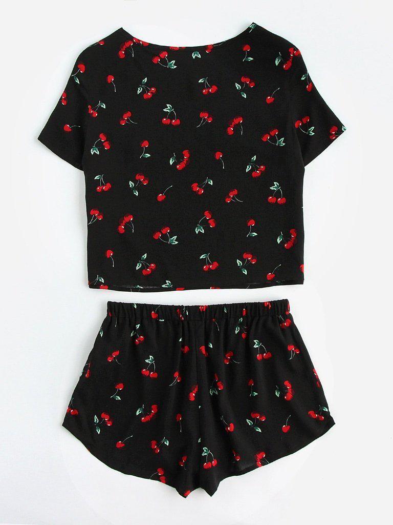 Cherry Print Top And Shorts Pajama Set-loungewear-Des Mess
