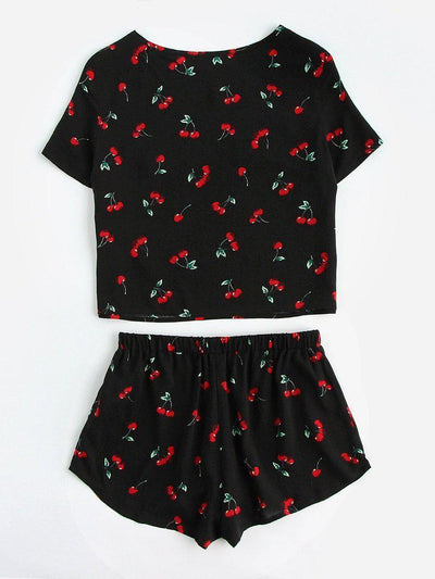 Cherry Print Top And Shorts Pajama Set-loungewear-Des Mess