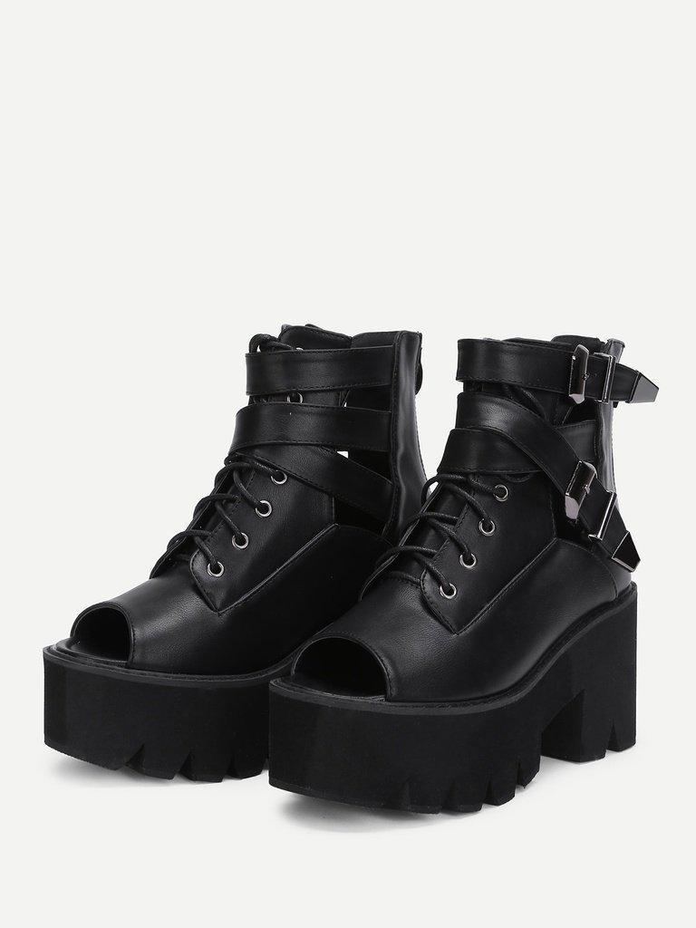 Peep Toe Lace Up PU Wedges-shoes-Des Mess