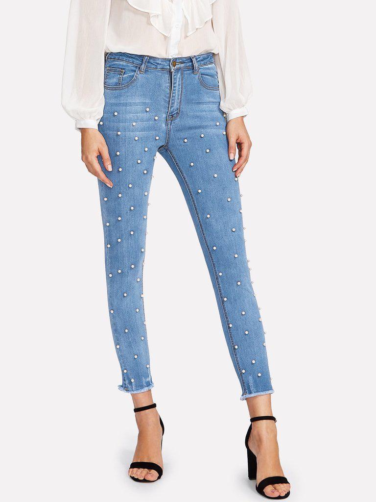 Pearl Beaded Frayed Hem Jeans-bottom-Des Mess