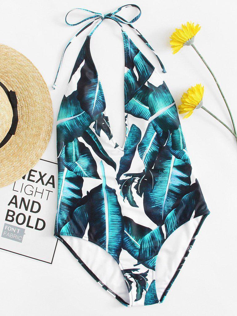 Jungle Leaf Print Plunge Halter Neck Swimsuit-swimwear-Des Mess