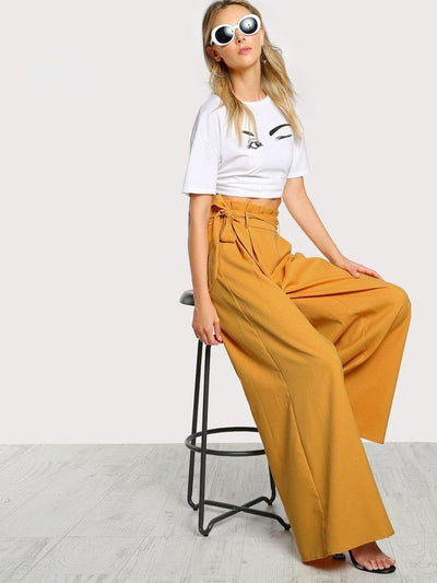 Frill Waist Belted Palazzo Pants-bottom-Des Mess