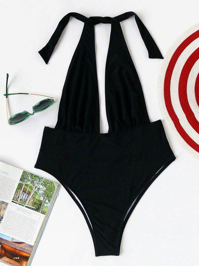 Plunge Neckline Halter Monokini-swimwear-Des Mess