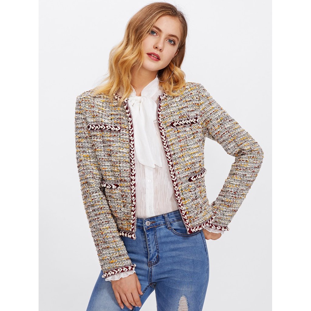 Pearl Beading Braided Tape Trim Tweed Blazer