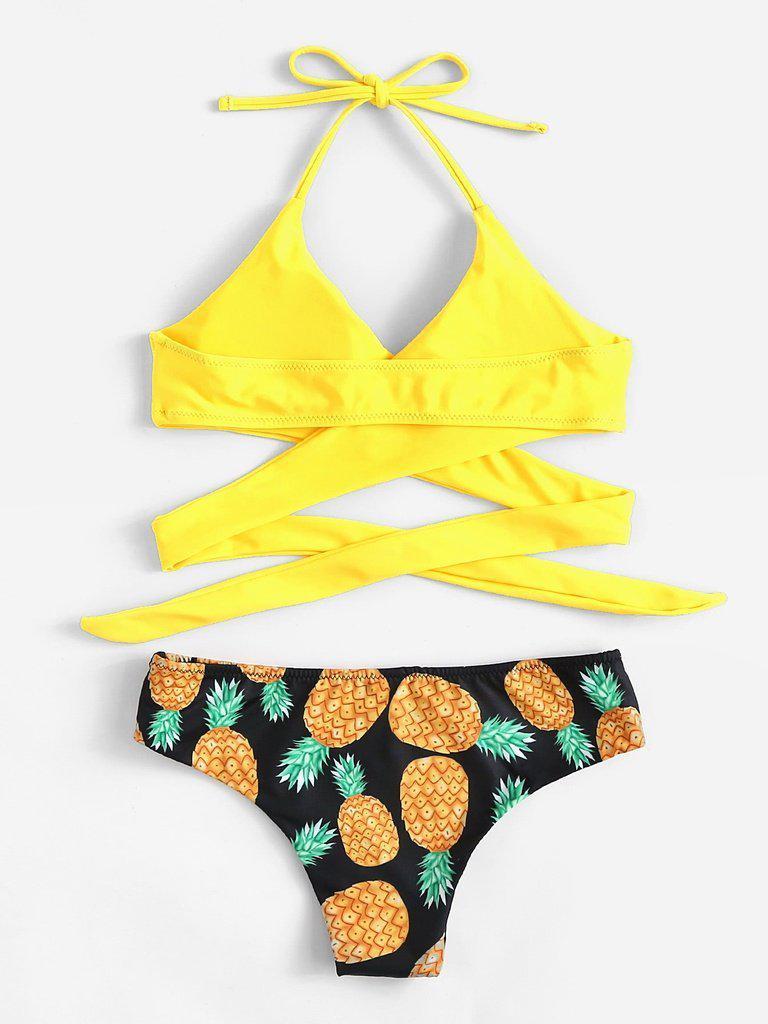 Pineapple Print Wrap Self Tie Bikini Set-swimwear-Des Mess