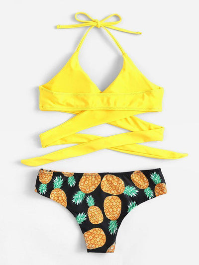 Pineapple Print Wrap Self Tie Bikini Set-swimwear-Des Mess
