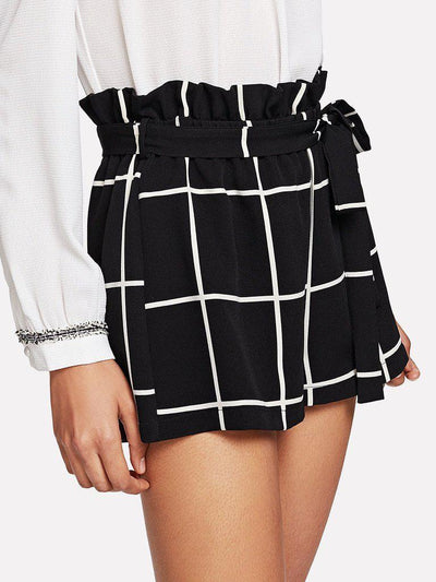 Ruffle Waist Self Belt Grid Shorts-bottom-Des Mess