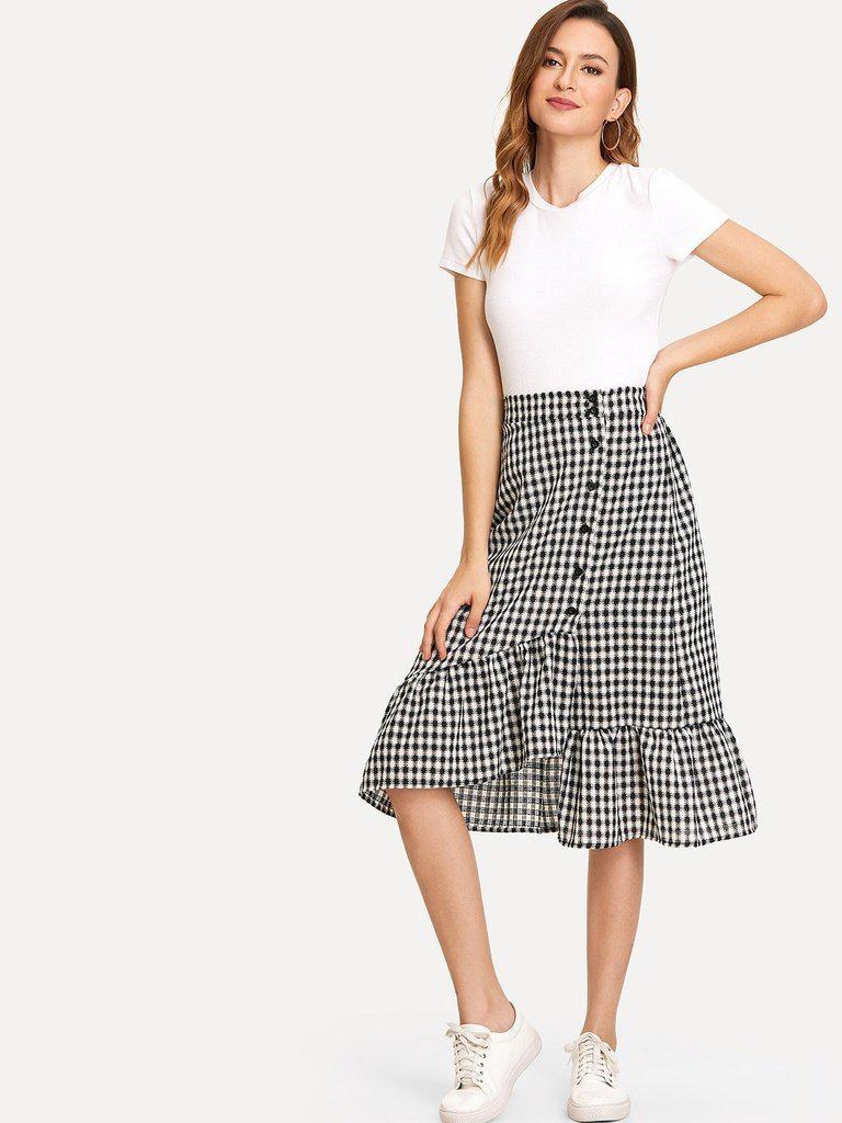 Single Breasted Ruffle Hem Checked Skirt-bottom-Des Mess