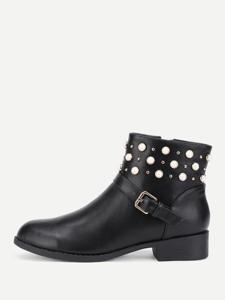 Faux Pearl Detail PU Ankle Boots-shoes-Des Mess