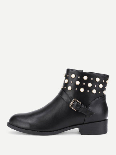 Faux Pearl Detail PU Ankle Boots-shoes-Des Mess