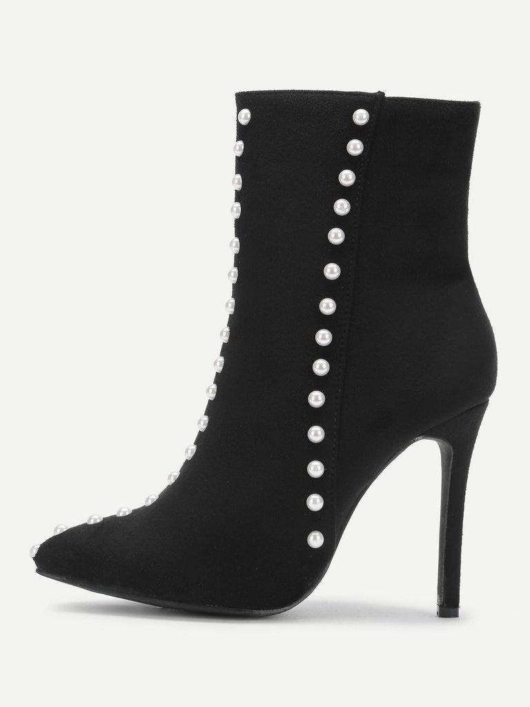 Faux Pearl Decorated Side Zipper Stiletto Boots-shoes-Des Mess