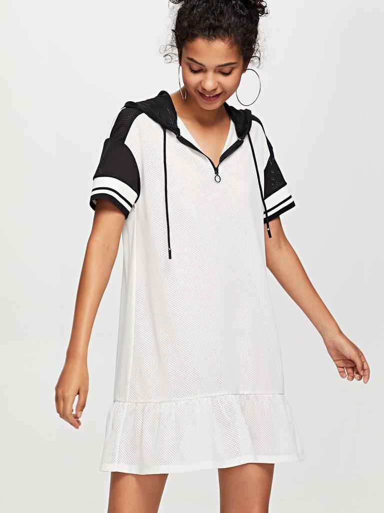 O-Ring Zip Front Ruffle Hem Hooded Dress-sportswear-Des Mess