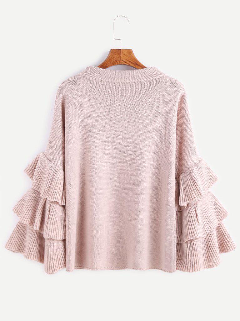 Pink Layered Ruffle Sleeve Pullover Sweater-outerwear-Des Mess