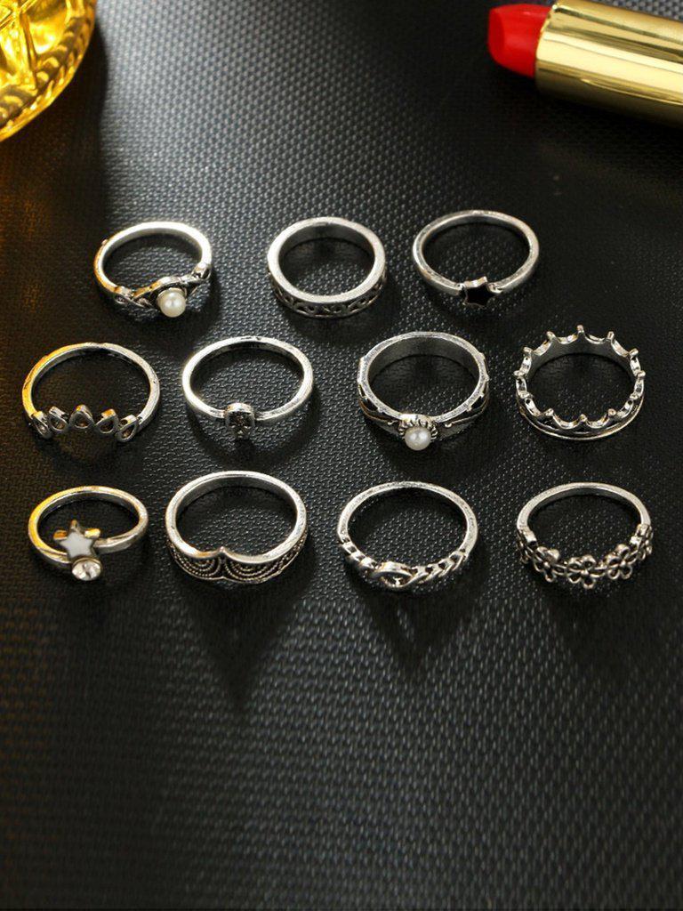 Flower And Star Detail Ring Set 11pcs-jewelry-Des Mess