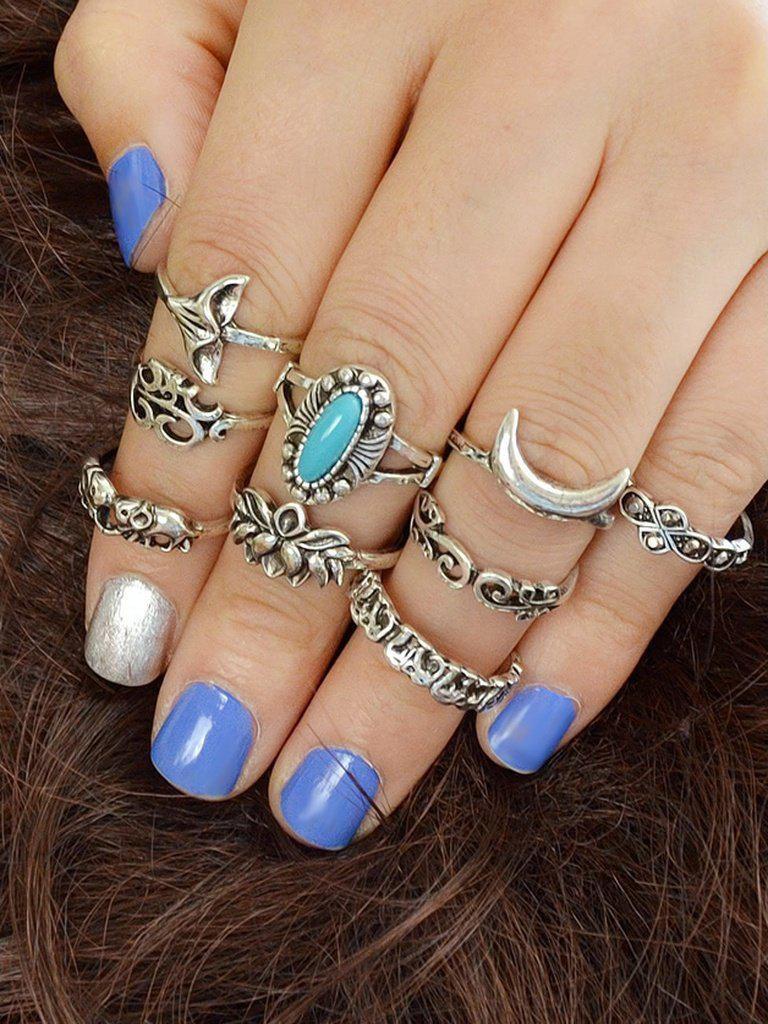 9 Pcs/Set Elephant Moon Lotus Flower Rings-jewelry-Des Mess
