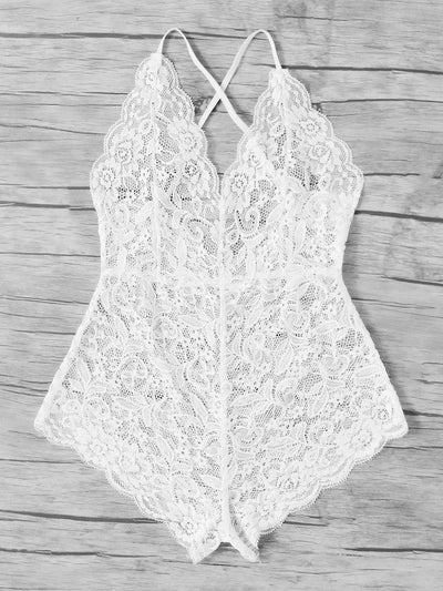 Scalloped Trim Criss Cross Lace Bodysuit-lingerie-Des Mess