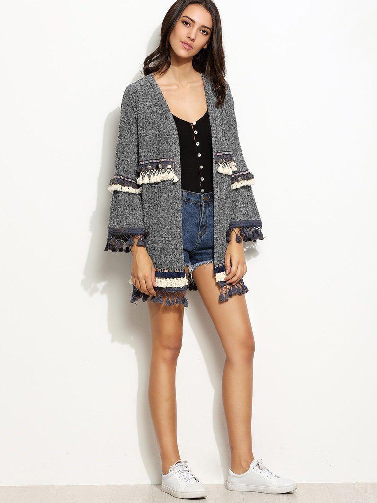Grey Marled Knit Cardigan With Embroidered Tape And Fringe Detail-outerwear-Des Mess