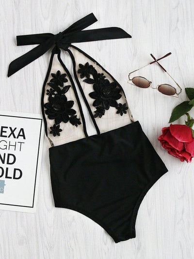 Flower Embroidery Halter Mesh Swimsuit-swimwear-Des Mess