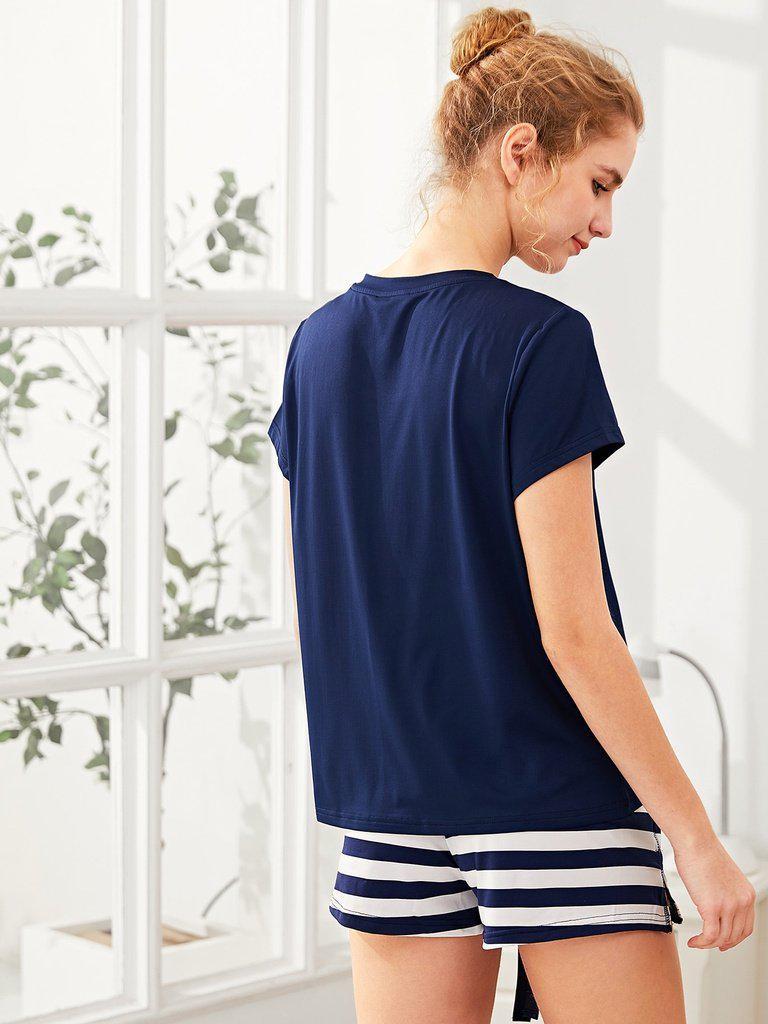 Anchor Print Tee And Striped Shorts Pajama Set-loungewear-Des Mess