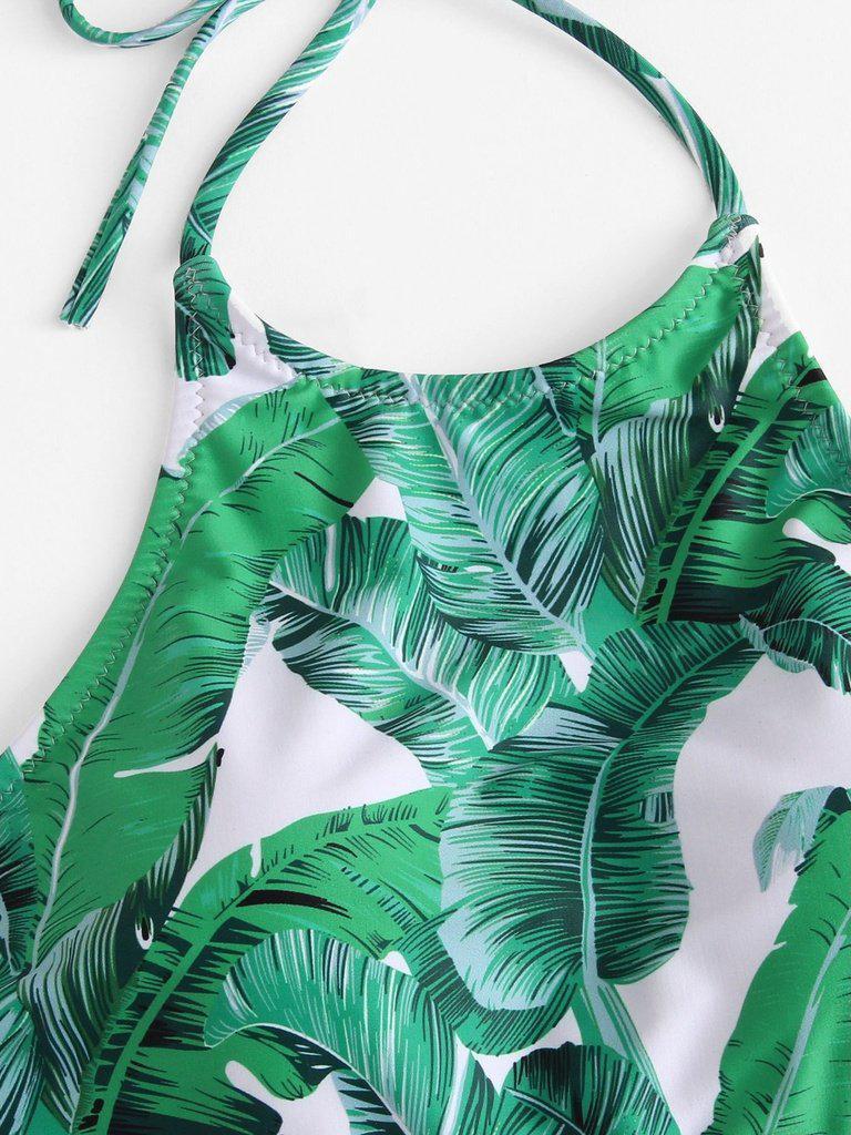 Palm Leaf Print Halter Neck Bikini Set-swimwear-Des Mess