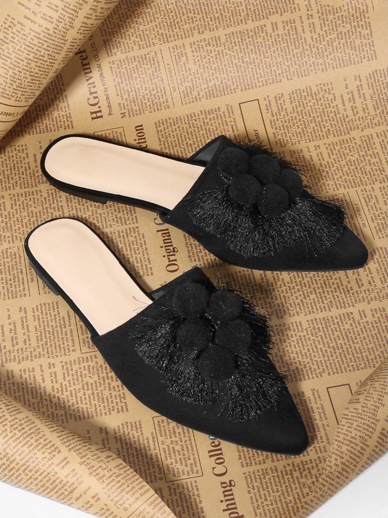 Pom Pom & Tassel Front Flat Mules-shoes-Des Mess