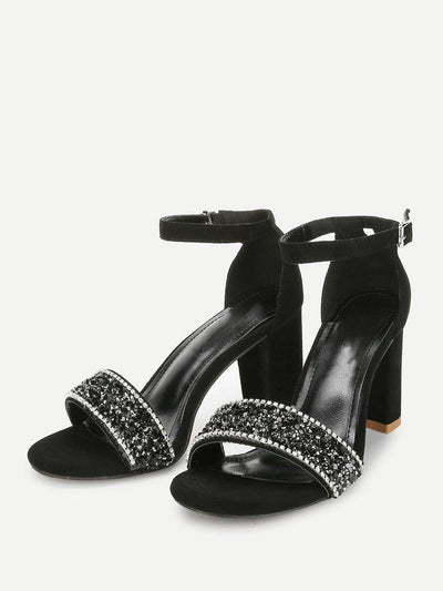 Rhinestone Decorated Block Heeled Sandals-shoes-Des Mess
