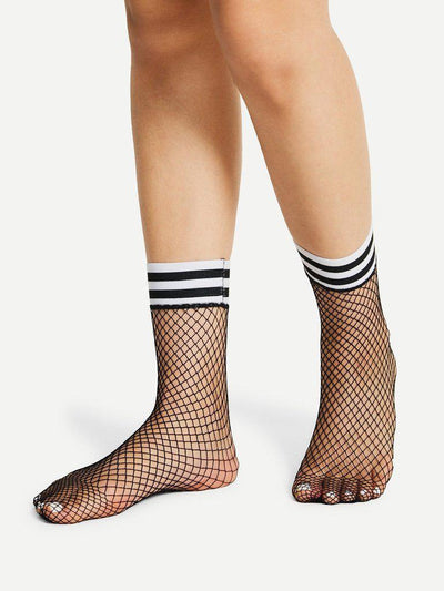 Striped Trim Fishnet Ankle Socks-accessories-Des Mess
