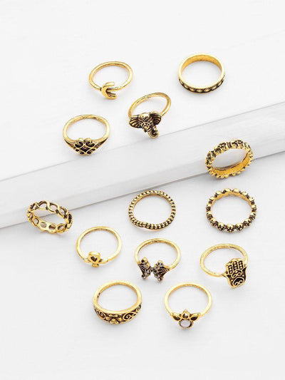 Crown And Flower Design Ring Set 13pcs-jewelry-Des Mess