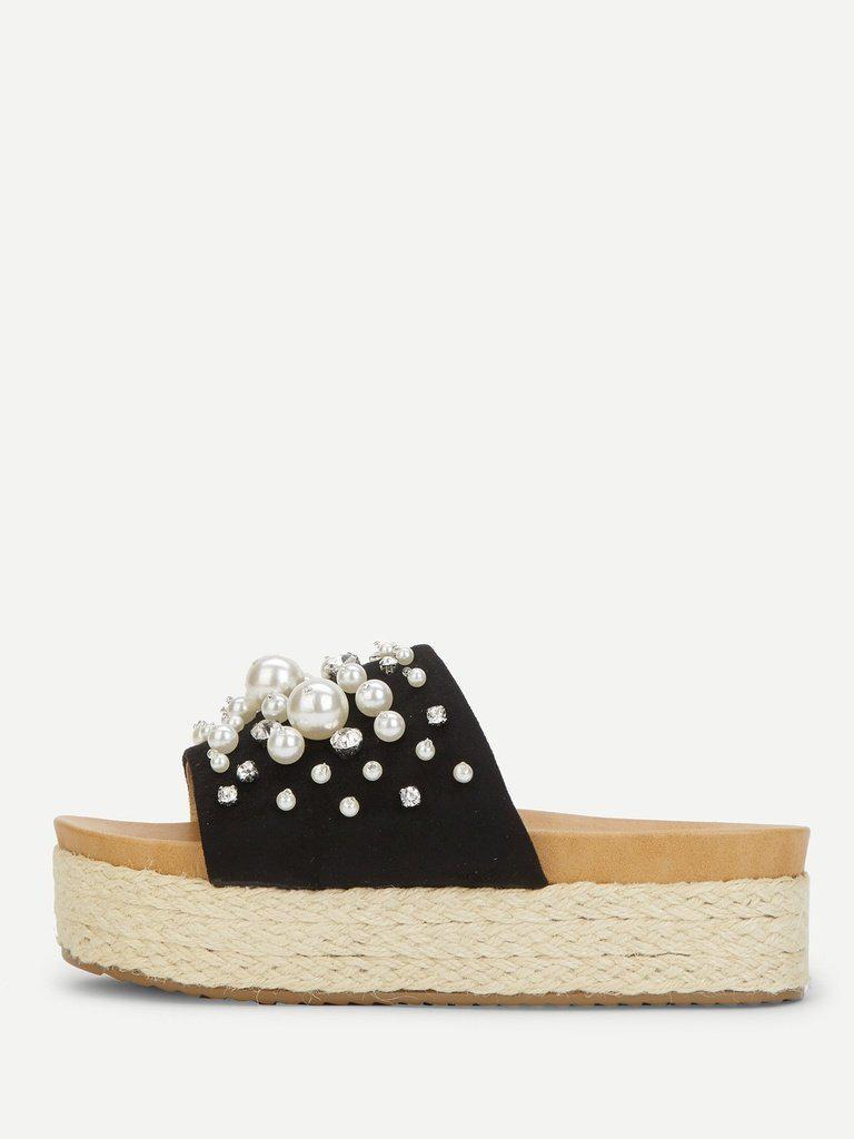 Faux Pearl Decorated Flatform Sandals-shoes-Des Mess