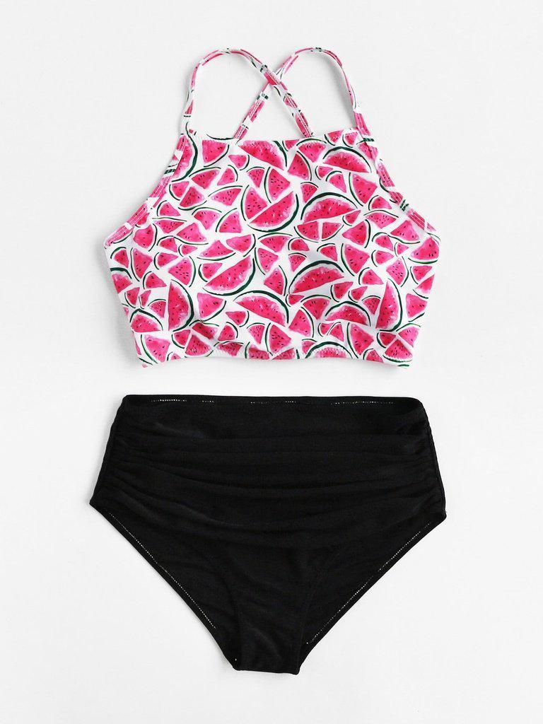 Watermelon Print Ruched Bikini Set-swimwear-Des Mess