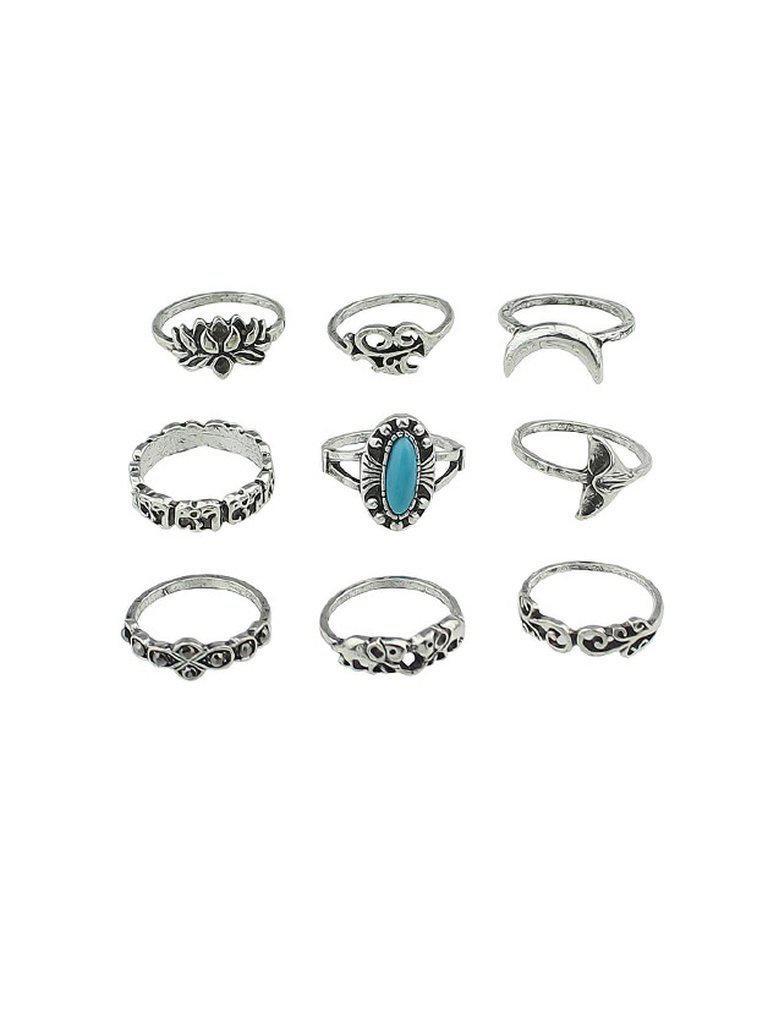 9 Pcs/Set Elephant Moon Lotus Flower Rings-jewelry-Des Mess