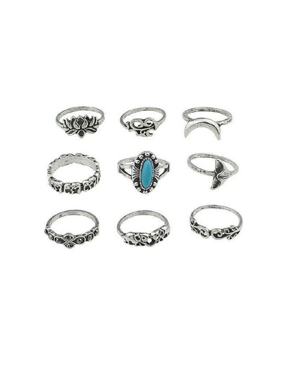 9 Pcs/Set Elephant Moon Lotus Flower Rings-jewelry-Des Mess